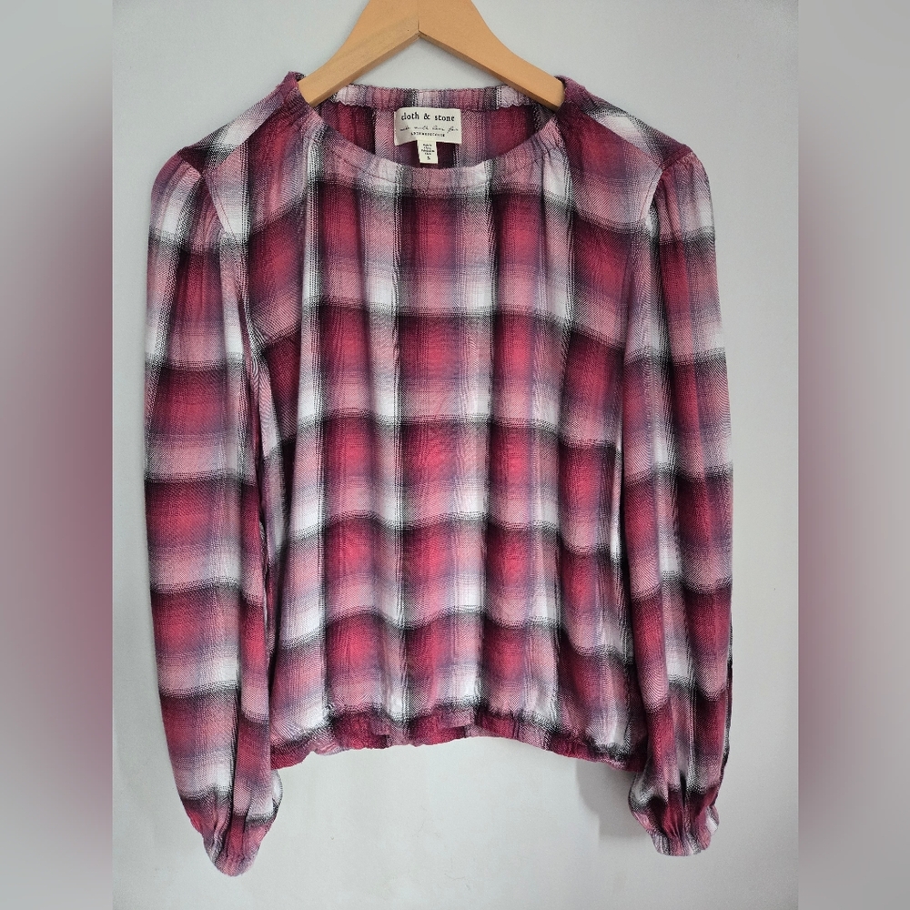 CLOTH & STONE Rayon Plaid Top - Pink, Berry, Black And White